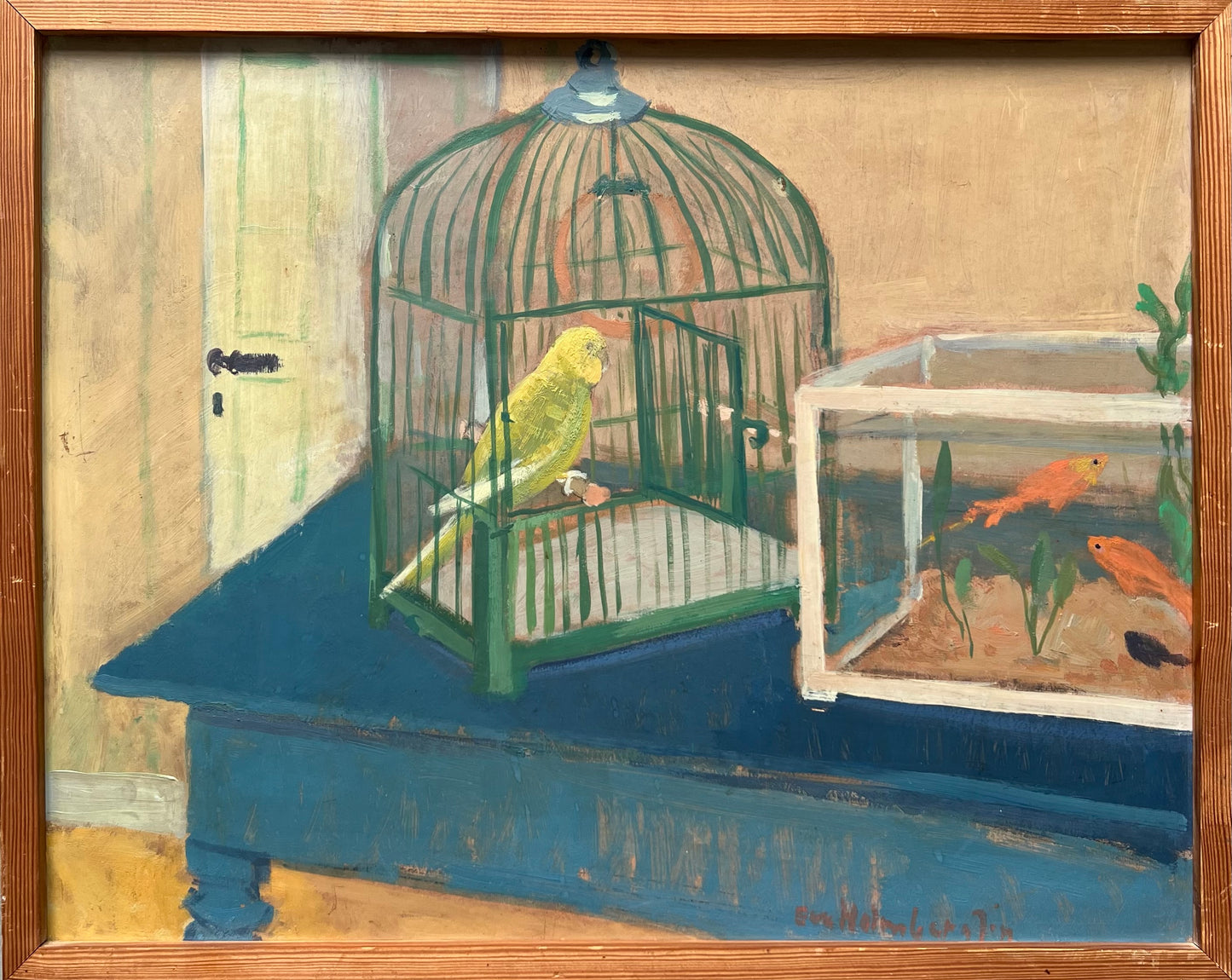 Eva Holmberg-Jacobsson. Interior with goldfish and a budgie