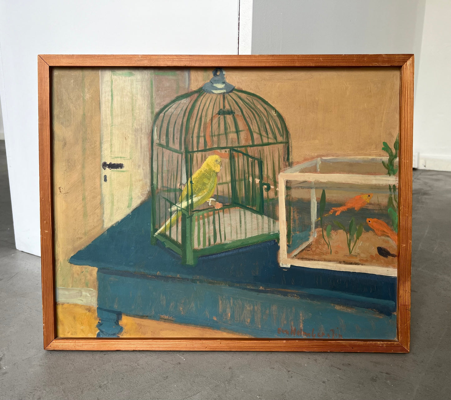 Eva Holmberg-Jacobsson. Interior with goldfish and a budgie