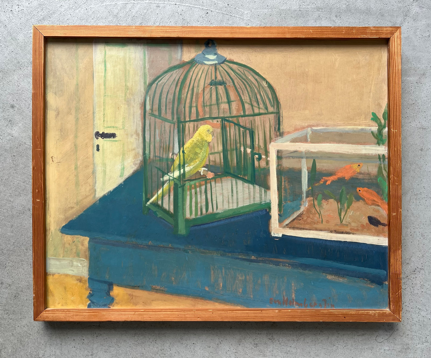 Eva Holmberg-Jacobsson. Interior with goldfish and a budgie