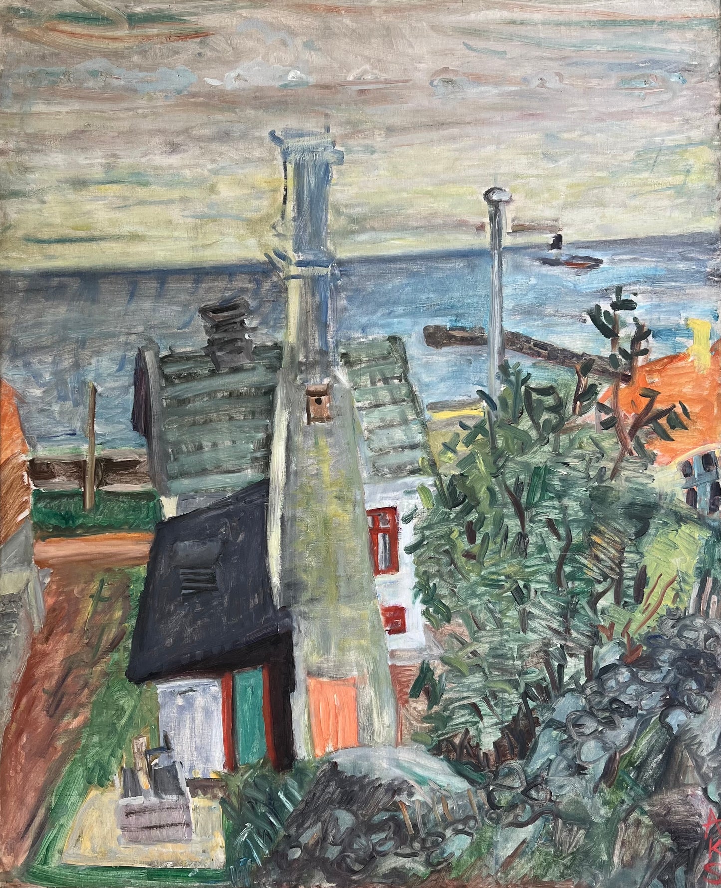 Anna Klindt Sørensen. “Udsigt over røgeri Gudhjem”, ca. 1940