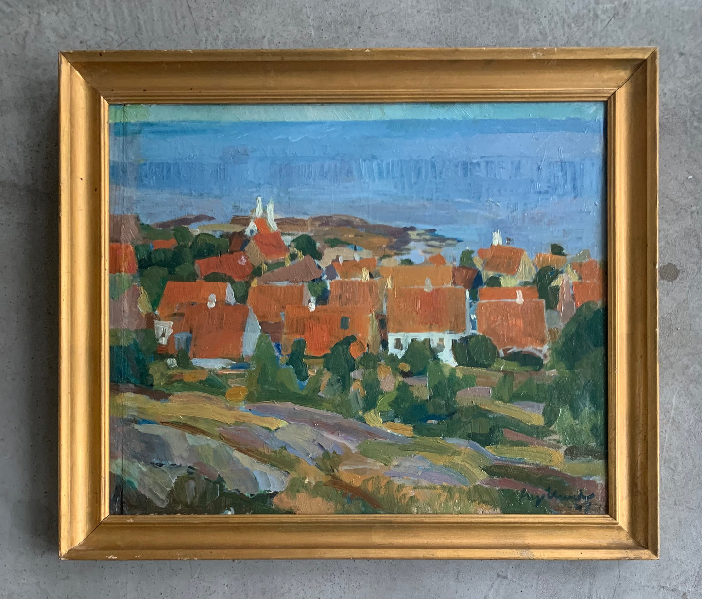 Danish painter. View of Gudhjem from Bokul, 1947